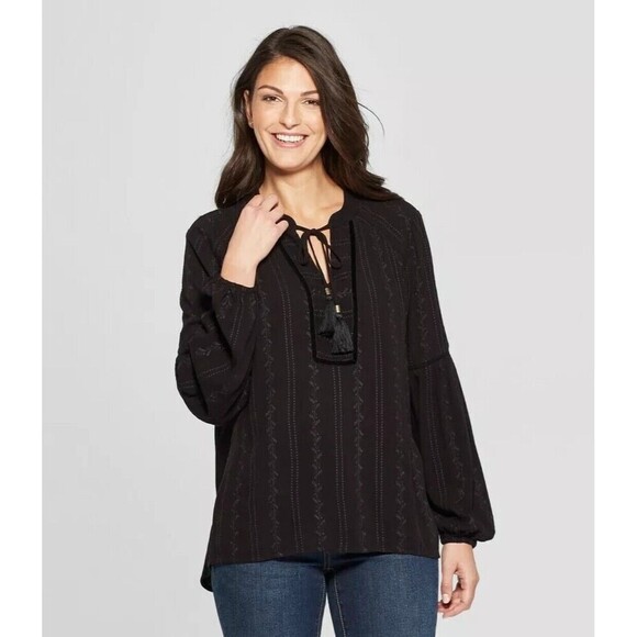 Women's Long Sleeve Tonal Embroidered Peasant Top - Knox Rose Black Size Small - Picture 1 of 16